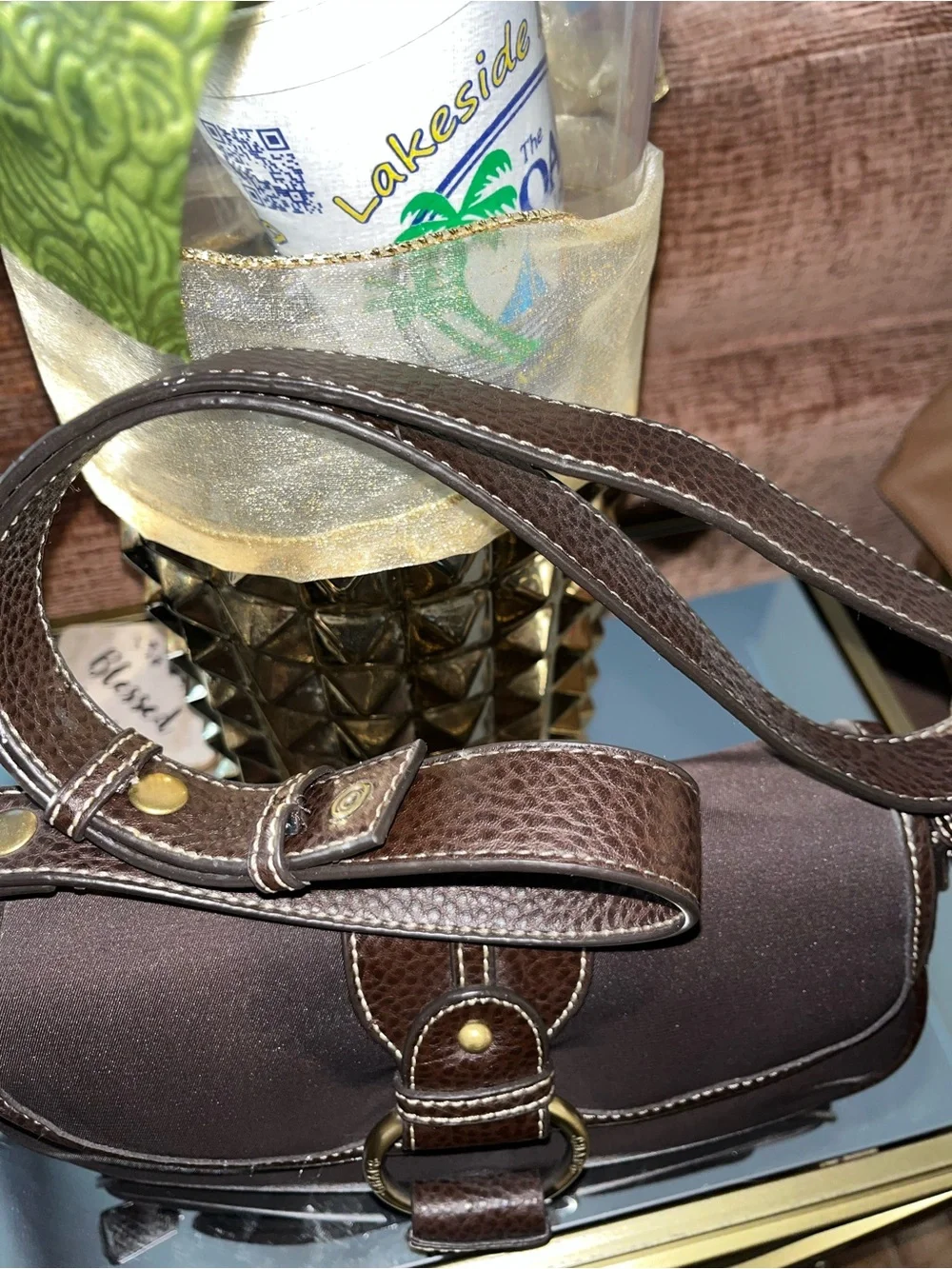 Chaps Small Shoulder Bag in Dark Brown with Gold Hardware